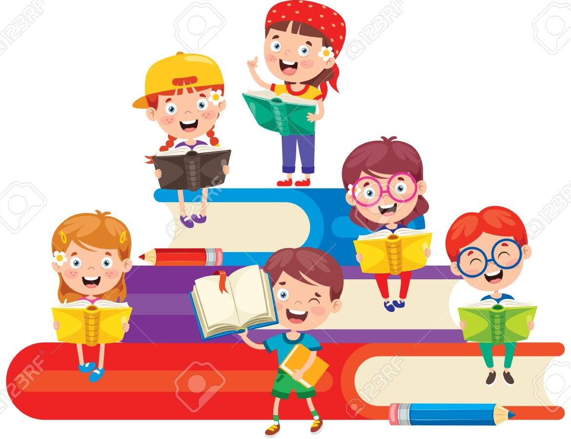una imagen de un grupo de ninos sonrientes sentados en un aula rodeados de libros y utiles escolares