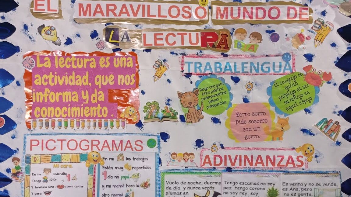 una imagen de un periodico mural colorido con elementos educativos para ninos