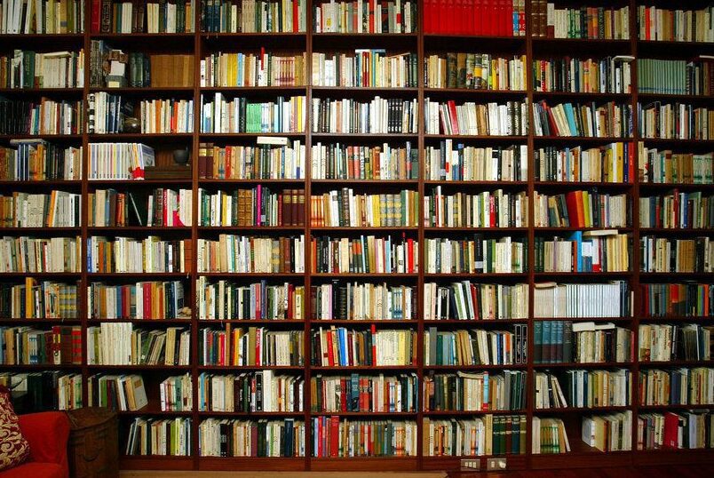 una imagen de una biblioteca con estanterias llenas de libros